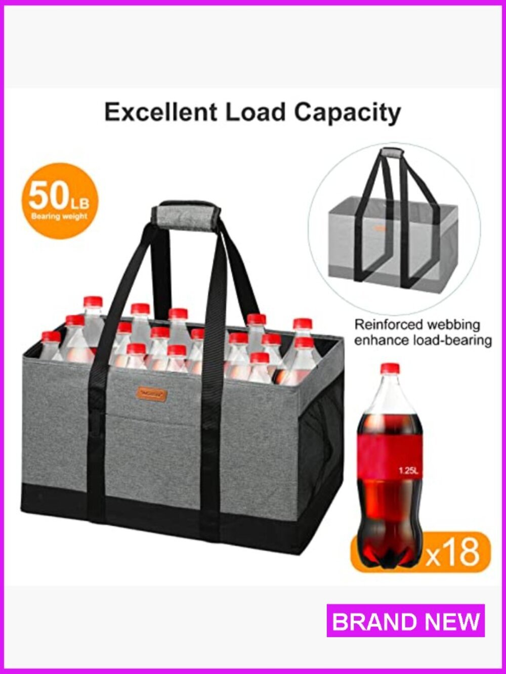 Extra Large Foldable Grocery Tote Bag with Handles - Reusable Shopping Tote for - Picture 5 of 7
